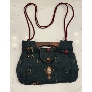 Vintage 80s Phyl's Tapestry Equestrian Shoulder Bag Crossbody Purse Green Wood